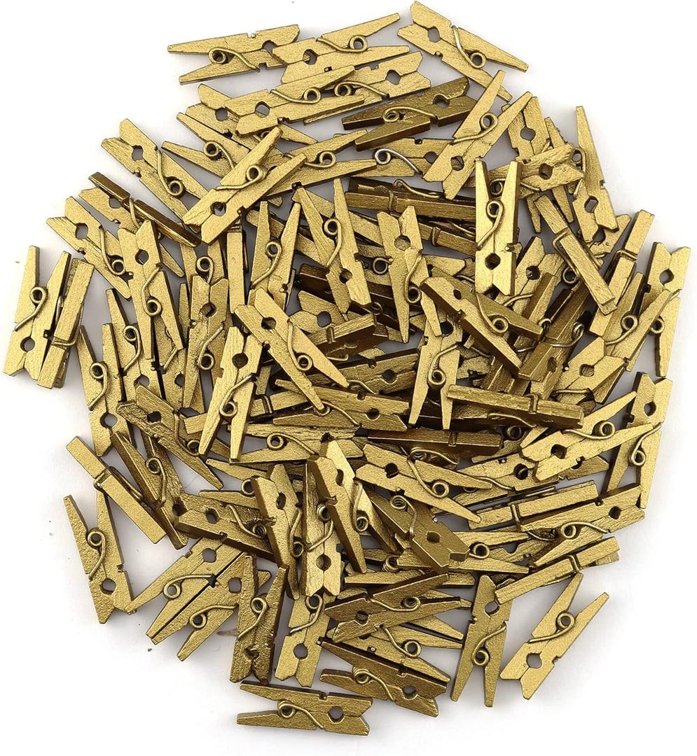 1 Inch Gold Clothes Pins, Mini Clothespins for Photos, Natural Texture - Strong Springs, Wooden Small Clothes Pins for Food Package Clips, Hanging Photos and Crafts Display