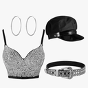 4 Pcs Rhinestone Bustier Top Costume Women's Push up Crop Top Diamond Belt Chauffeur Hat Earrings Hoop size M