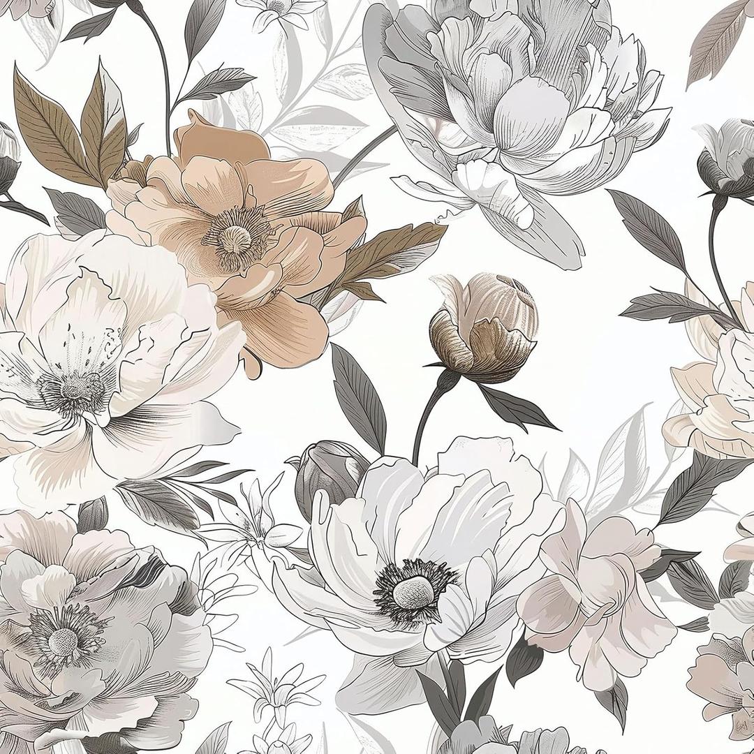 Vintage Floral Wallpaper Peel and Stick, Retro Peony Wallpaper for Home Decor, Beige/Brown/Gray, 17.7in x 118in