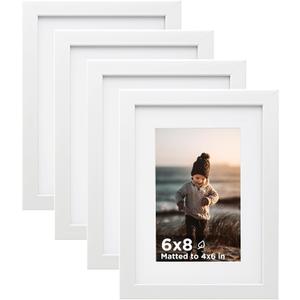 KINLINK 6x8 Picture Frame White Set of 4, Wooden Photo Frames Matted 4x6 with Plexiglass for 4x6 with Mat or 6x8 without Mat for Table and Wall Display