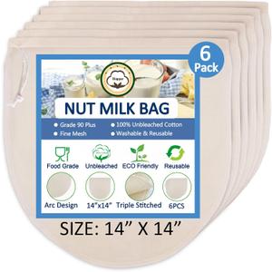 6 Pack 14"x14" Nut Milk Bags - 100% Unbleached Cotton, Food Strainer, Reusable Cheesecloth, Straining Almond/Oat/Soy Milk, Cold Brew Coffee, Cloth Bag for Cheese/Yogurt/Juice/Tea/Wine/Soup/Herbs