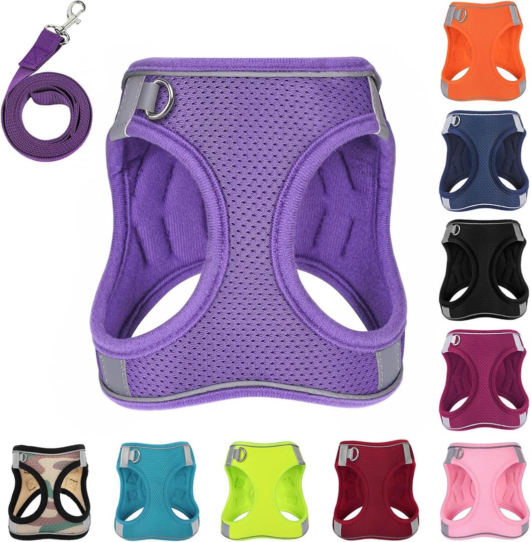 PWOD Dog Harness with Leash Set, No-Pull Step-in Reflective Pet Harness with 1 Leash Clips, Adjustable Soft Padded Easy Walk Dog Vest for Small Medium Large Dogs, Cats(Light Purple, Small)