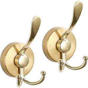 Metal Suction Cup, Heavy Duty Double Hooks for Bathroom, Kitchen, Wall, Cabinet, Car - 2 Pack, Rustproof & Waterproof Adhesive Hooks for Organizing Towels, Keys, Coats, Hats (Gold)