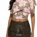 MakeMeChic Women's Floral Cheetah Print Blouse Mock Neck Short Sleeve Summer Boho Loose Shirt (S)