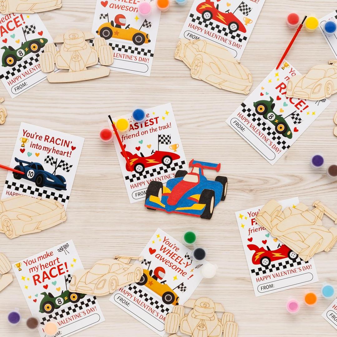 GEECOZYLIFE Valentines Day Gifts for Kids  24 Pcs DIY Race Car Wood Craft Kits with Valentines Cards, Paint & Brush  School Classroom Exchange & Party Favors for Boys & Girls