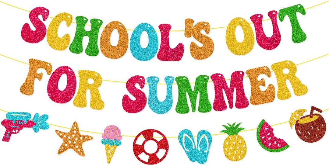 Schools Out for Summer Banner Last Day of School Hello Summer Hello Sunshine Party Decorations for Kids Boy Girl Celebrate End of School Vacations Party Supplies