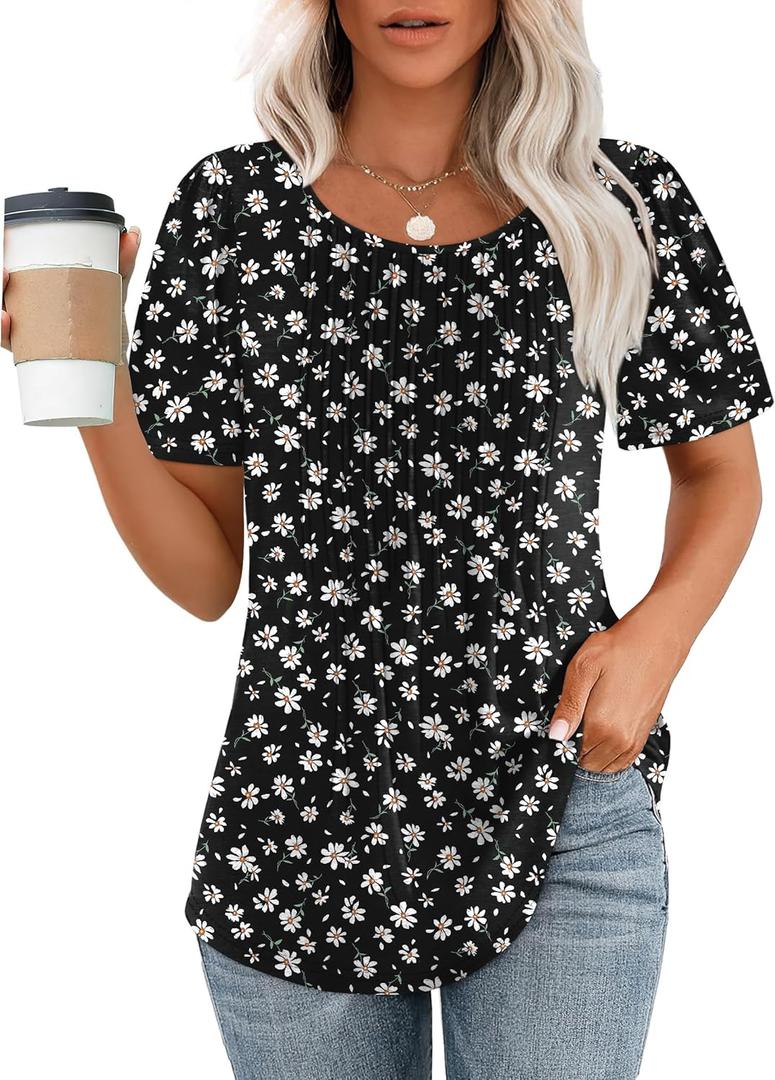 OFEEFAN Womens T Shirts Short Sleeve Pleated Dressy Casual Scooped Neck Summer Tops Blouses (3X-Large, 2-floral Daisy)