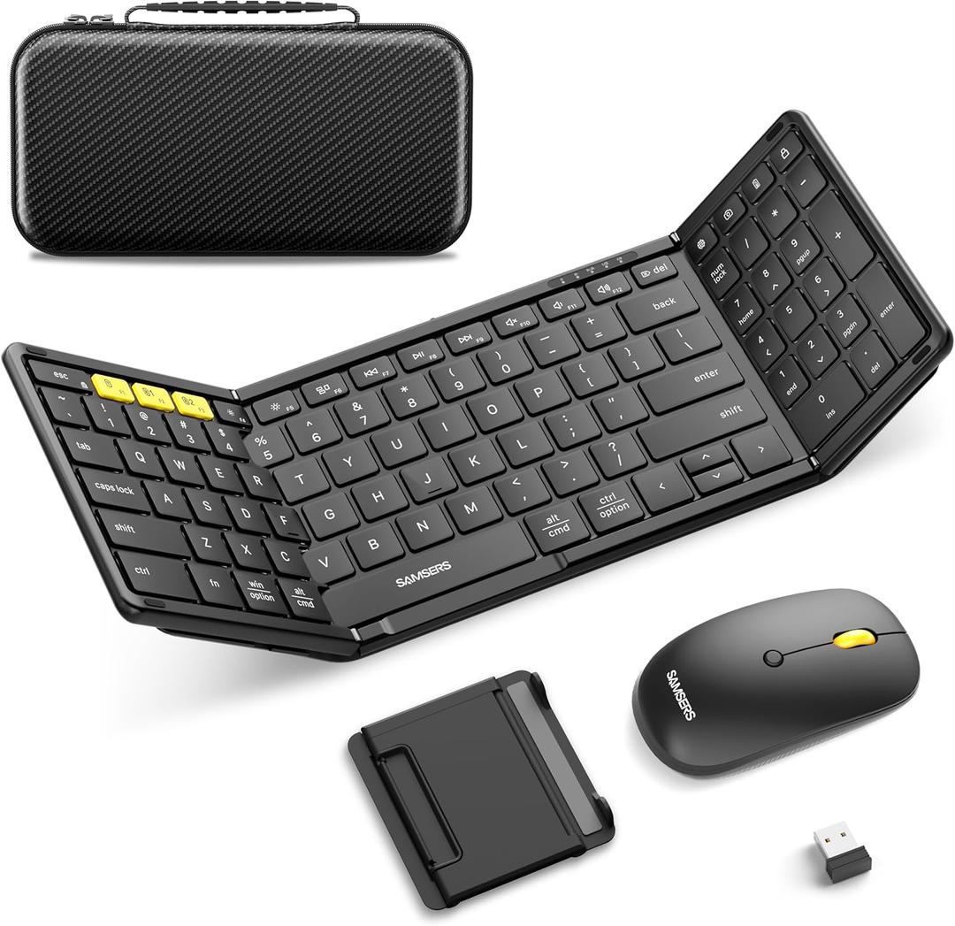 Foldable Keyboard and Mouse, Samsers Folding Bluetooth Keyboard Combo, 2.4G + BT5.0 x 2, Full-Size Portable Travel Keyboard & USB-C Rechargeable Wireless Mouse for iOS, Android, Windows, Mac OS, Elegant Black