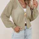 Cicy Bell Womens Cropped Crochet Cardigans Hollow Out Button Down Lantern Sleeve Knit Sweaters Casual Mesh Loose Fit Cover Up Khaki L