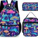 Mushroom Backpack with Lunch Box & Pencil Case, 16 Inch Cool Mushroom Themed Bookbag, Adjustable Lightweight Large Capacity, Colorful Backpack Set for Kids Girls Boys School