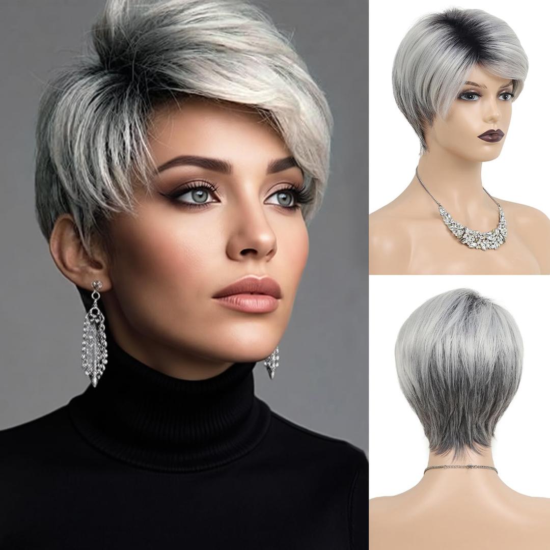 SEVENCOLORS Short Grey Wigs Ombre Gray Pixie Cut Wig with Dark Root Synthetic Natural Hair Short Silver Wigs for Black Women White Women