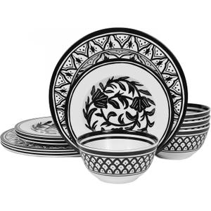 Lechoo Melamine Dinnerware Sets12pcs Melamine Plates and Bowls Set, Unbreakable, Dishwasher Safe, Indoor Outdoor Use, Ideals for Parties, Camping Dish Set, Black and White Pattern