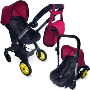 Baby Doll Car Seat Stroller Combo – Convertible 2 in 1 Doll Stroller and Car Seat for Kids – Fits Up to 20” Dolls – Play Toy Baby Stroller with Adjustable Handle for Girls Toddlers All Ages (Maroon), 14x22x25 in