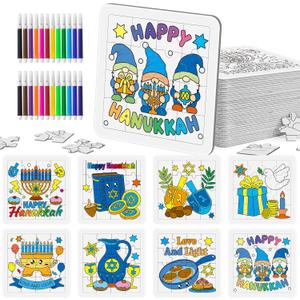 Cinrobiye 24 Sets Hanukkah Coloring Jigsaw Puzzles Bulk Chanukah Puzzle Crafts with Color Pens Festival of Lights Gifts for Winter Holiday Hanukkah Party Favors Home School Art Project Activity Decors