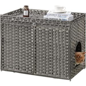 SETVSON Cat Litter Box Enclosure Furniture, Handwoven Rattan Hidden Litter Box with Mat, Large Space Cat House with 2 S-Shaped Hooks 30.3 x 18.3 x 24.4 Inches, Indoor for Living Room Apartment Gray