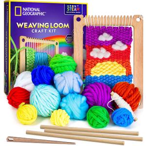 NATIONAL GEOGRAPHIC Wooden Arts and Crafts Loom Weaving Kit - Yarn and 3 Fun Designs for Easy Weaving, Child Weaving Set with Loom