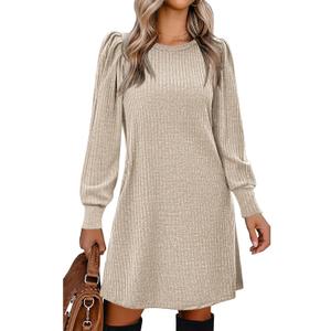 Zeagoo Women's Knit Dress with Puff Sleeves for Fall & Winter - Round Neck Casual Tunic Dress (Medium, Khaki)
