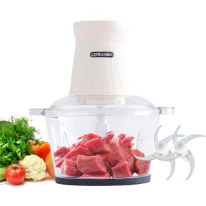 500W Food Processor, White Meat Grinder with Glass Bowl 8 Cup, Electric Food Chopper with 2 Sharp Blade Sets for Meat, Fruits, Vegetables, Baby Food, Nuts, 2 Speed