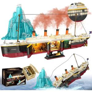 Tokmoc Titanic Building Set, 2288 Pcs Titanic Big Ship Model Block Set with Glacier and Glowing Light Strip, Giant Ship Building Model Set for Adults and Kids (Black)