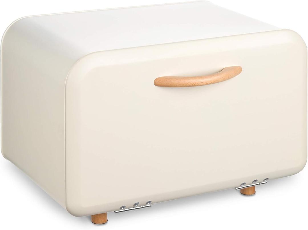 Navaris Bread Box - Metal Bread Bin Storage Tin with Front Opening Drop Down Door for Kitchen Counter or Shelf - Breadbox Storage Container - Cream