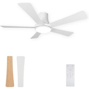 52 Inch Ceiling Fan with Light, Flush Mount Ceiling Fans with 5 Blades, Dimmable, Reversible Motor, 3-Colors Temperatures, 6 Speeds, White Ceiling Fan with Remote for Bedroom