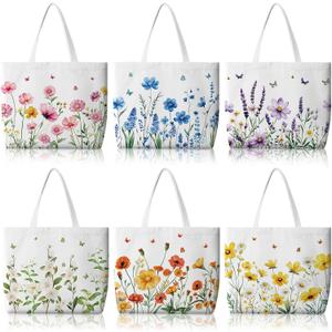 Bencailor 6 Pcs Floral Canvas Tote Bags Bulk Reusable Wildflowers Tote Bags for Women Daily Life Vacation Shopping