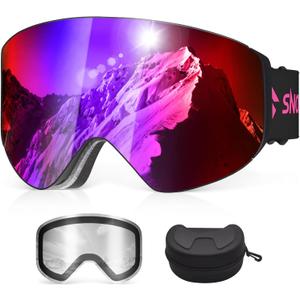 Ski Goggles, Snowboard Goggles with 2 UV400 Anti-Fog Detachable Magnet Lenses for Men & Women Adult, Ver. 2 Burgundy (vlt 17%) +clear (vlt 83.5%)