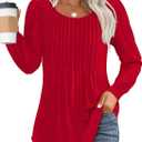 OFEEFAN Long Sleeve Shirts for Women Fall Tops Dressy Casual Blouses Pleated Scooped Neck Tunic Tops for Leggings (XX-Large, 1-red)