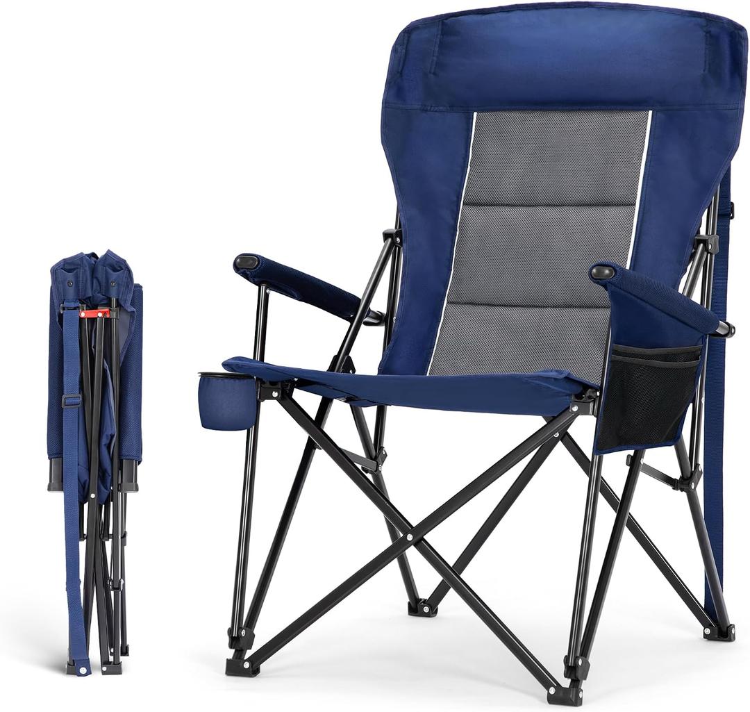 HIGH POINT SPORTS Oversized Camping Chairs for Adults, High Back Heavy Duty Lawn Folding Chair Support 500LBS, Padded Portable Outdoor Chair with Cup Holder, Blue, Single Pack