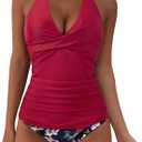 SUUKSESS Women Sexy Halter Tankini Bathing Suits Slimming Tummy Control High Waisted Swimsuits 2 Piece (06 Red Floral, XL)