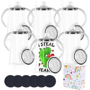 12 Oz Sublimation Sippy Cup 6 Pack, Kids Sublimation Sippy Tumblers, Stainless Steel Sublimation Todder Water Bottle (White)