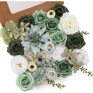 Floweroyal Artificial Flowers Combo Green Flowers Mix Silk Flowers Dahlia Roses with Stems for DIY Wedding Bridal Bouquets, Baby Shower, Floral Arrangement, Table Centerpieces, Home Decorations.