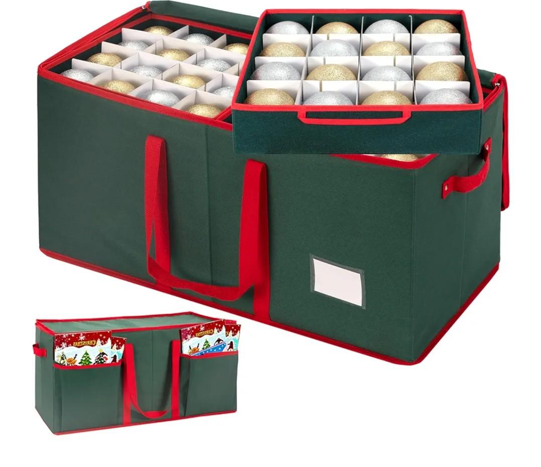 ININ Christmas Ornament Storage Box with Adjustable Dividers, Christmas Ornaments Organizer with Zippered Top, Storage Container Bin with Side Pockets for Holiday Decorations(128 Ball, Green, with Tray).