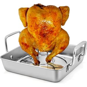 P&P CHEF Beer Can Chicken Holder with Roasting Pan Set, 9-inch Stainless Steel Square Baking Pan and Chicken Rack For Grilling, Heavy Duty & Dishwasher Safe, 2Pcs