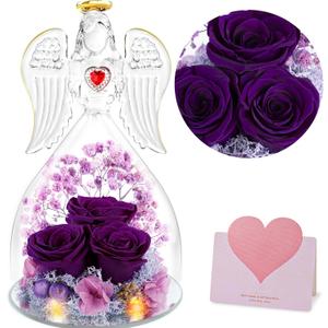 Gifts for Mom Gifts, Glass Angel with Real Rose Inside, Preserved Rose Angel Gift for Women, for Mom from Daughter Son, Purple Forever Flowers Gift for Grandma Wife Girlfriend