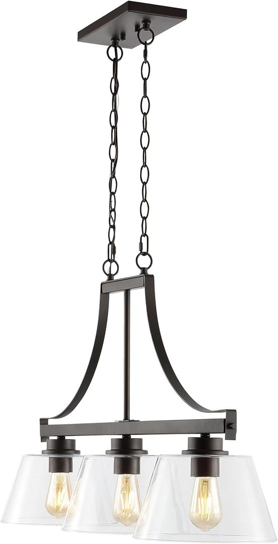 JONATHAN Y 36" Oil Rubbed Bronze 3-Light Iron and Glass Linear Pendant Light, Industrial Farmhouse Fixture for Kitchen Island Dining Room, UL Listed, LED Bulbs Included JYL7590A