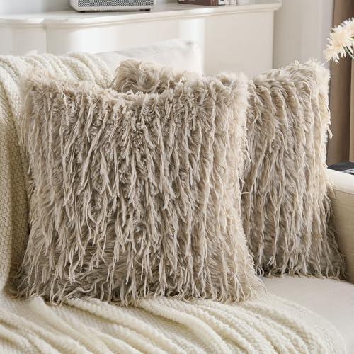 FUTEI Khaki Decorative Throw Pillow Covers 24x24 Inch Set of 2,Soft Fluffy Faux Feather Texture European Cushion Cases,Modern Home Luxury Decor for Couch Bed Living Room (Khaki)