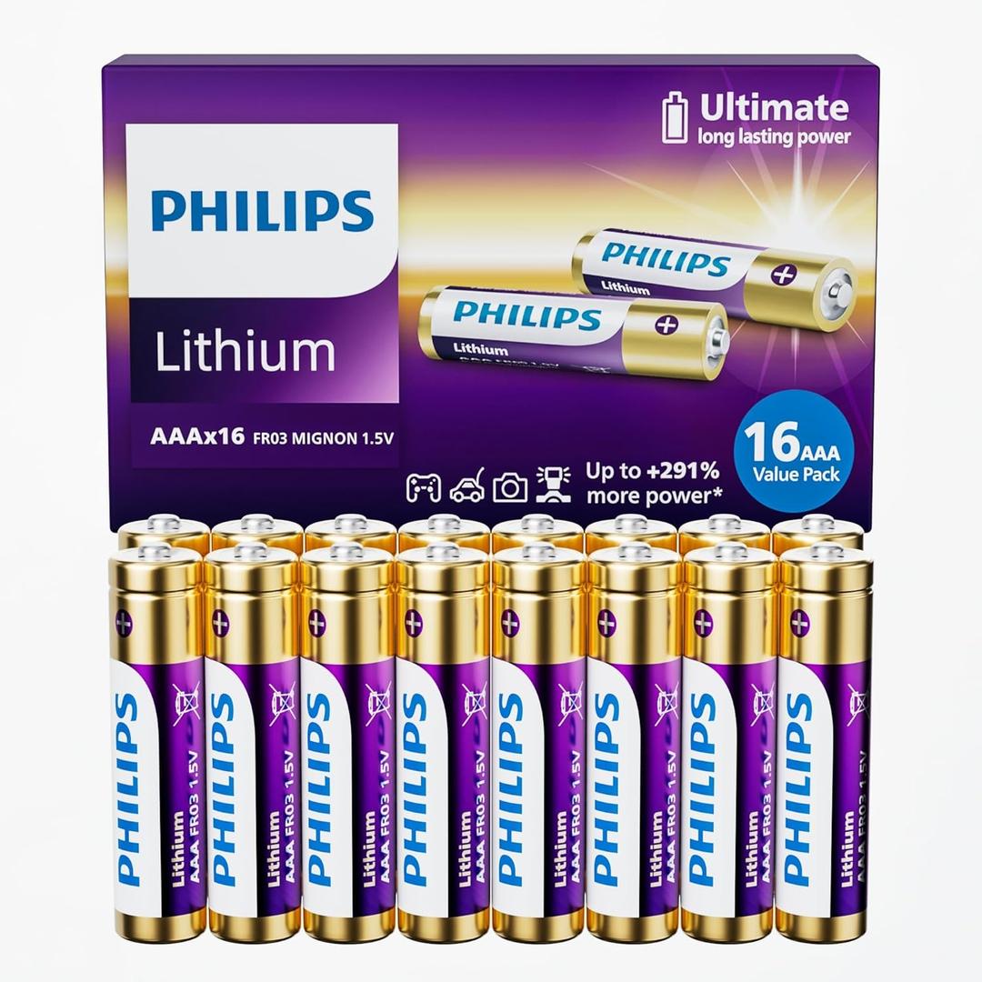 Philips Lithium AAA Batteries 16 Pack 1200mAh Triple A Battery 1.5V Ultra Long Lasting 3A Batteries (Non-Rechargeable)
