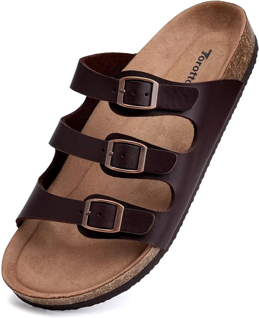 Torotto Mens Slides with Cork Footbed Open Toe Adjustable Webbing Flat Sandals for Walking | Beach | Indoor, Size: 10