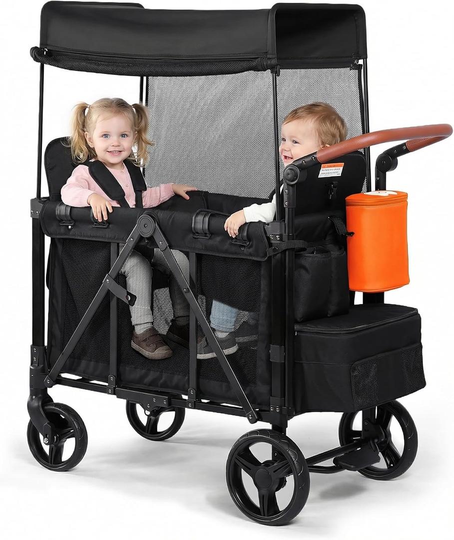 Stroller Wagon with Adjustable Handle Includes Canopy & Organizer, Foldable and Convenient for Storage (Black)