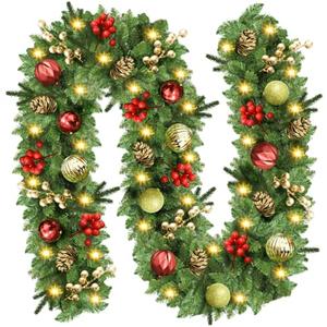 Christmas Garland with Lights, 9FT Prelit Christmas Garland Battery Operated Christmas Wreath with Pine Cones, Red Berries, Artificial Xmas Garland for Mantle, Fireplace, Stairs, Outdoor Decorations
