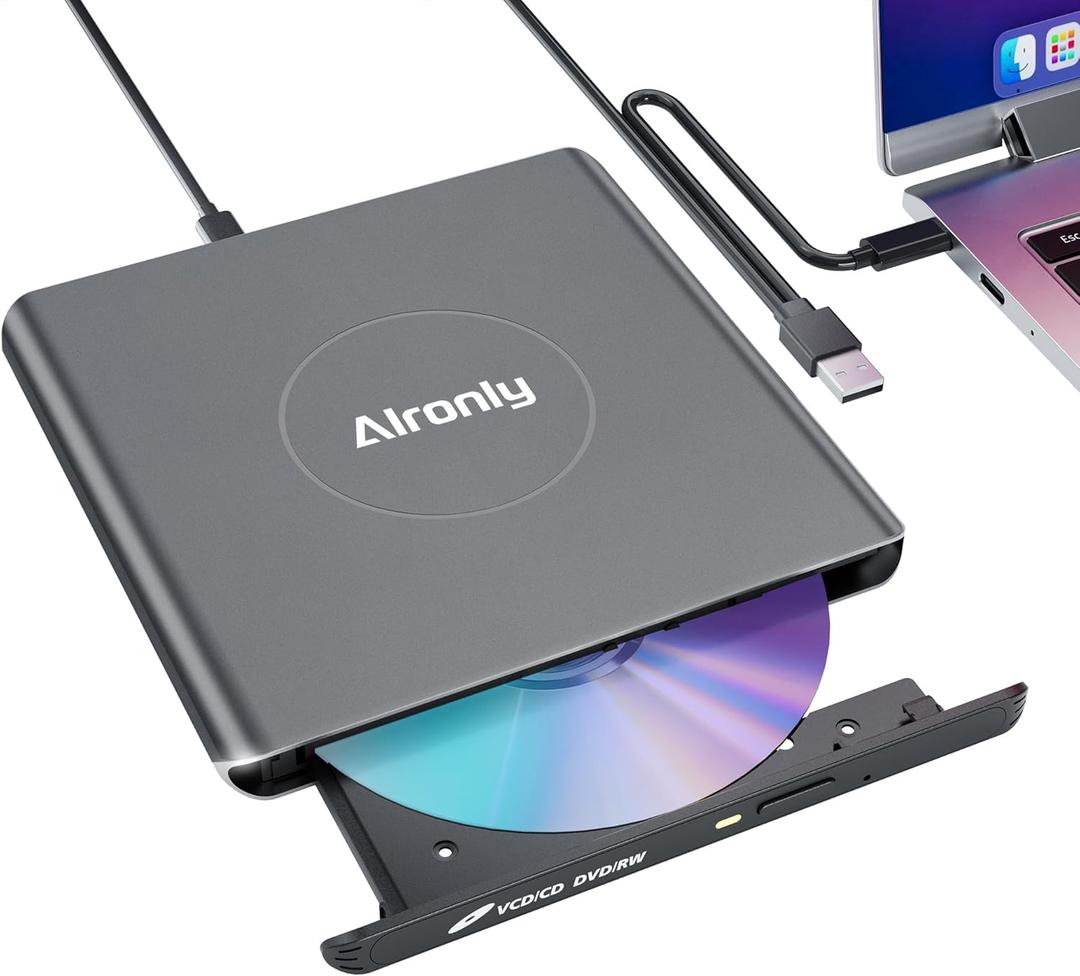 Alloy External CD/DVD Drive for Laptop, USB 3.0 Type-C Portable CD Burner Reader Writer Compatible with Windows, Apple Mac, Linux Desktop - with USB-A & USB-C Cable (F03)