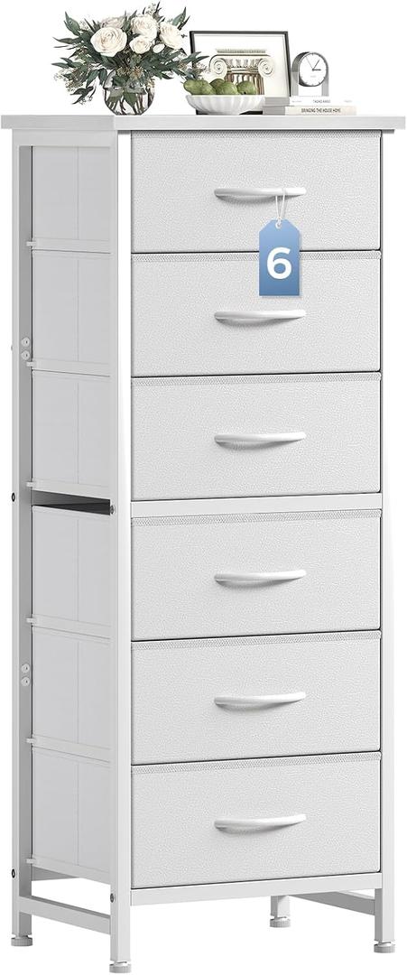 DUMOS 6 Drawers Dresser for Bedroom with Wheels, Fabric Storage Cabinet Organizer with Removable Fabric Bins, Sturdy Steel Frame for Living Room, Office, Entryway, Closets, White
