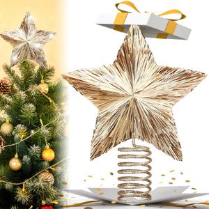 Gejoy 8.2 Inch Champagne Christmas Star Tree Topper Large Gold Bethlehem Star Topper with Glitter Sequin Xmas Holiday Ornament Decoration for Christmas Tree