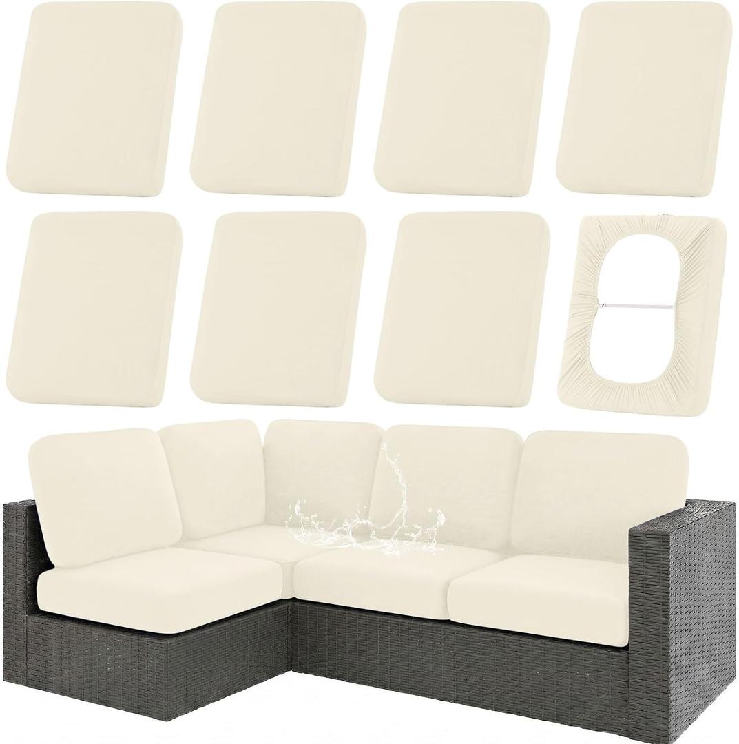 hyha Waterproof Outdoor Cushion Covers for Patio Furniture, Stretch Patio Chair Cushion Slipcovers, Coated UV Resistant Replacement Seat Covers, Solid Color (Beige, 8PC)