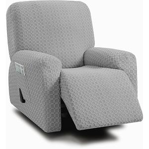 ULTICOR 4-Piece, 1 Seat Recliner Cover, Jacquared Stretch Reclining Chair Covers for 1 Cushion Reclining Sofa, Single Seat Recliner Couch Cover, Soft, Machine Washable (Style 2) (Light Grey)