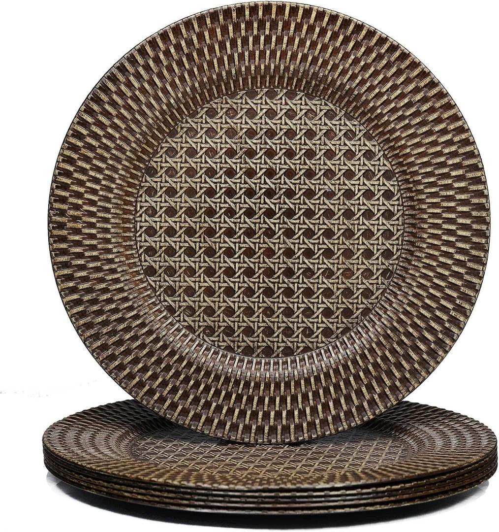 Spsyrine Faux Rattan Plastic Rustic Charger Plates, Set of 6 Elegant Round Plate Chargers for Dinner, Decorative for Events and Parties. (Plaid) (Brown)