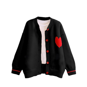 FindThy Women's Cute Cardigan Sweater Kawaii Love Heart Print Y2K Button Knitted Outerwear M Black