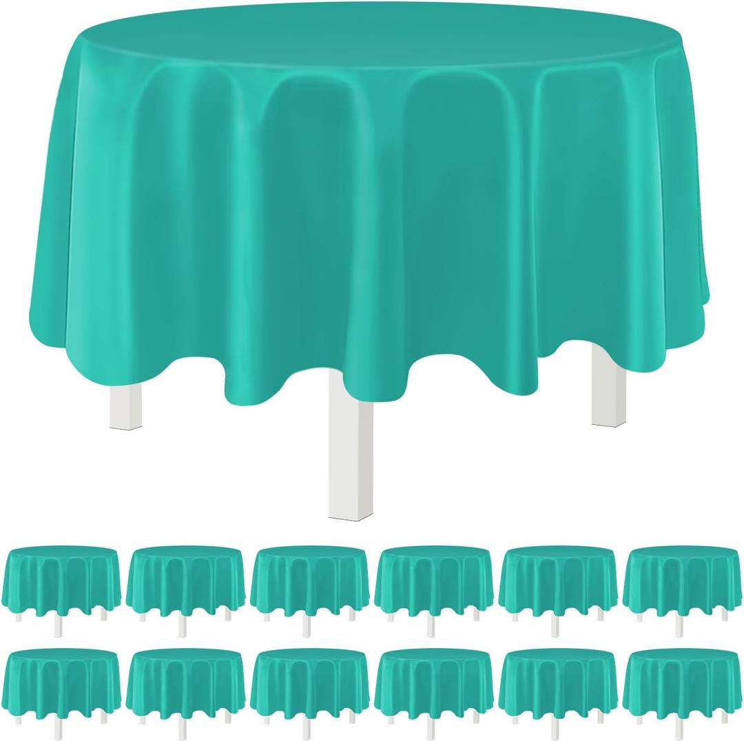 Teal 12 Pack Plastic Tablecloths 84" Disposable Round Table Cloth Plastic Table Cover for Party Disposable Tablecloths