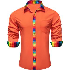 YOHOWA Mens Dress Shirts Business Button Down Long Sleeve Casual Collar Cuff Contrast Formal Shirts Wedding Party Casual Prom (Large, Orange Rainbow Stripe a)